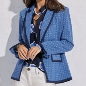 Cabi Scholarship Blazer Jacket Blue Geo Print Ponte Knit Button Front Long Slv M